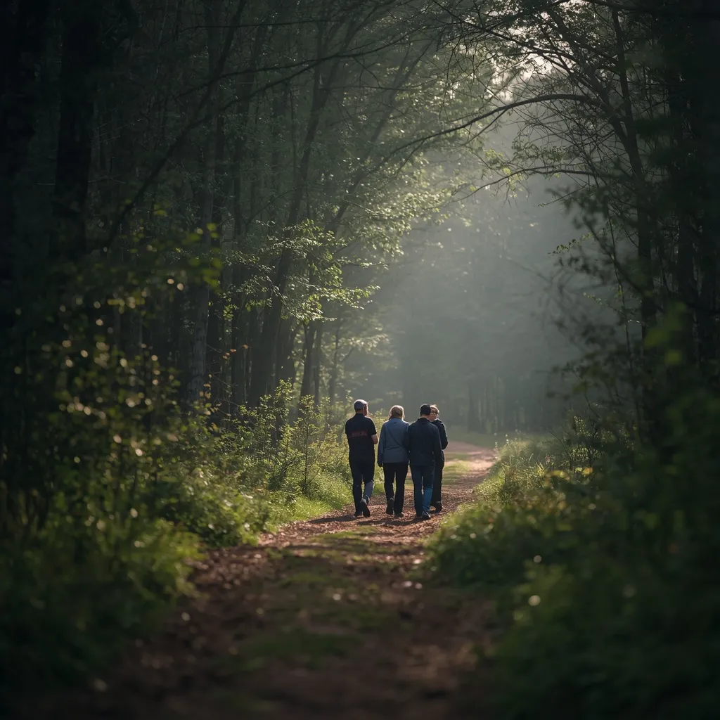 A small group walking together along a forest path in soft morning light